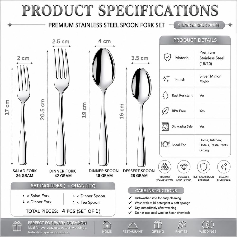 Manishaware Classic Stainless Steel Cutlery Set for Dining Table, Dishwasher Safe Glossy Flatware (Perfect Spoon Fork Set)