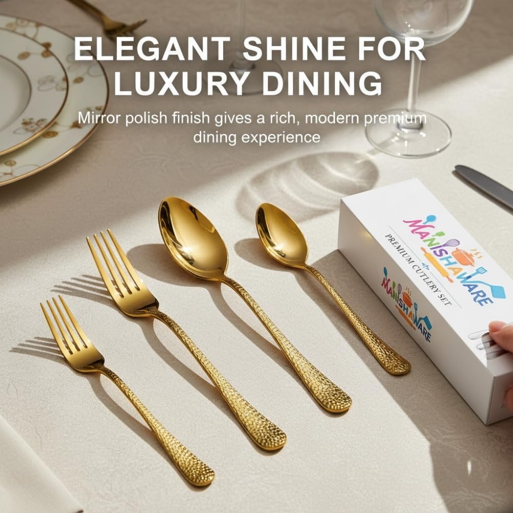 Manishaware Classic Gold 20 Pcs Stainless Steel Cutlery Set for Dining Table, Dishwasher Safe Glossy Flatware (Perfect Spoon Fork Set)