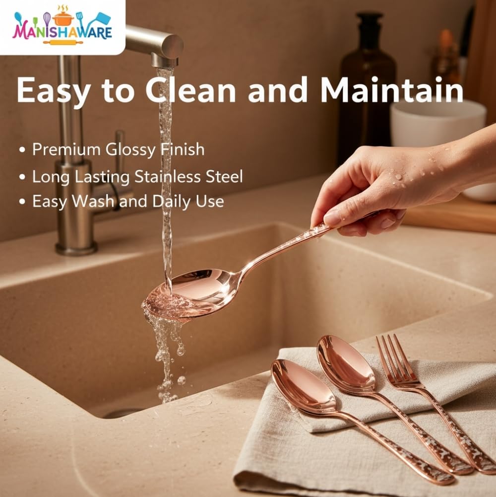 Manishaware Classic Rose Gold 16 Pcs Stainless Steel Cutlery Set for Dining Table, Dishwasher Safe Glossy Flatware (Perfect Spoon Fork Set)