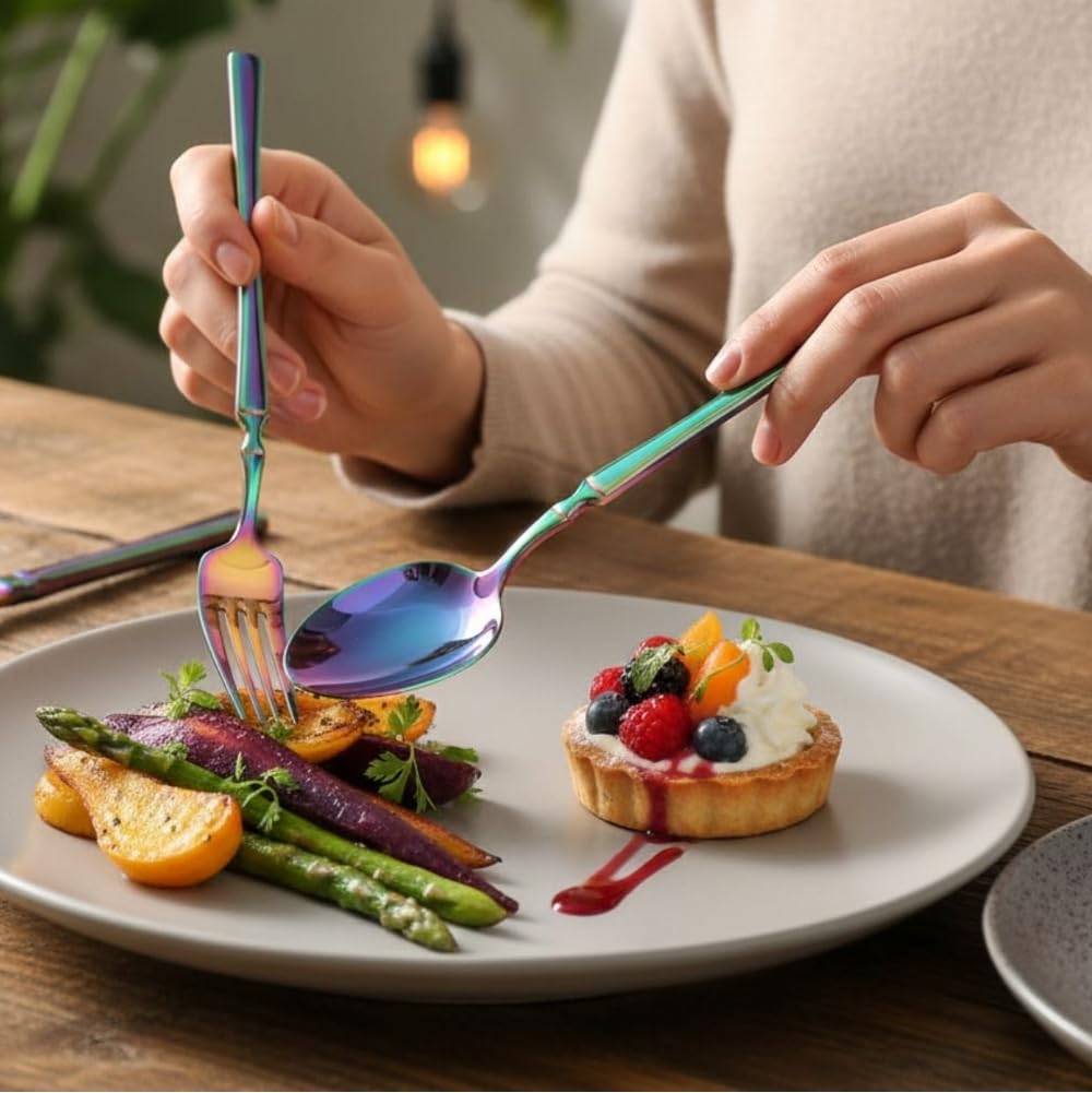Manishaware Classic Rainbow 12 Pcs Stainless Steel Cutlery Set for Dining Table, Dishwasher Safe Glossy Flatware
