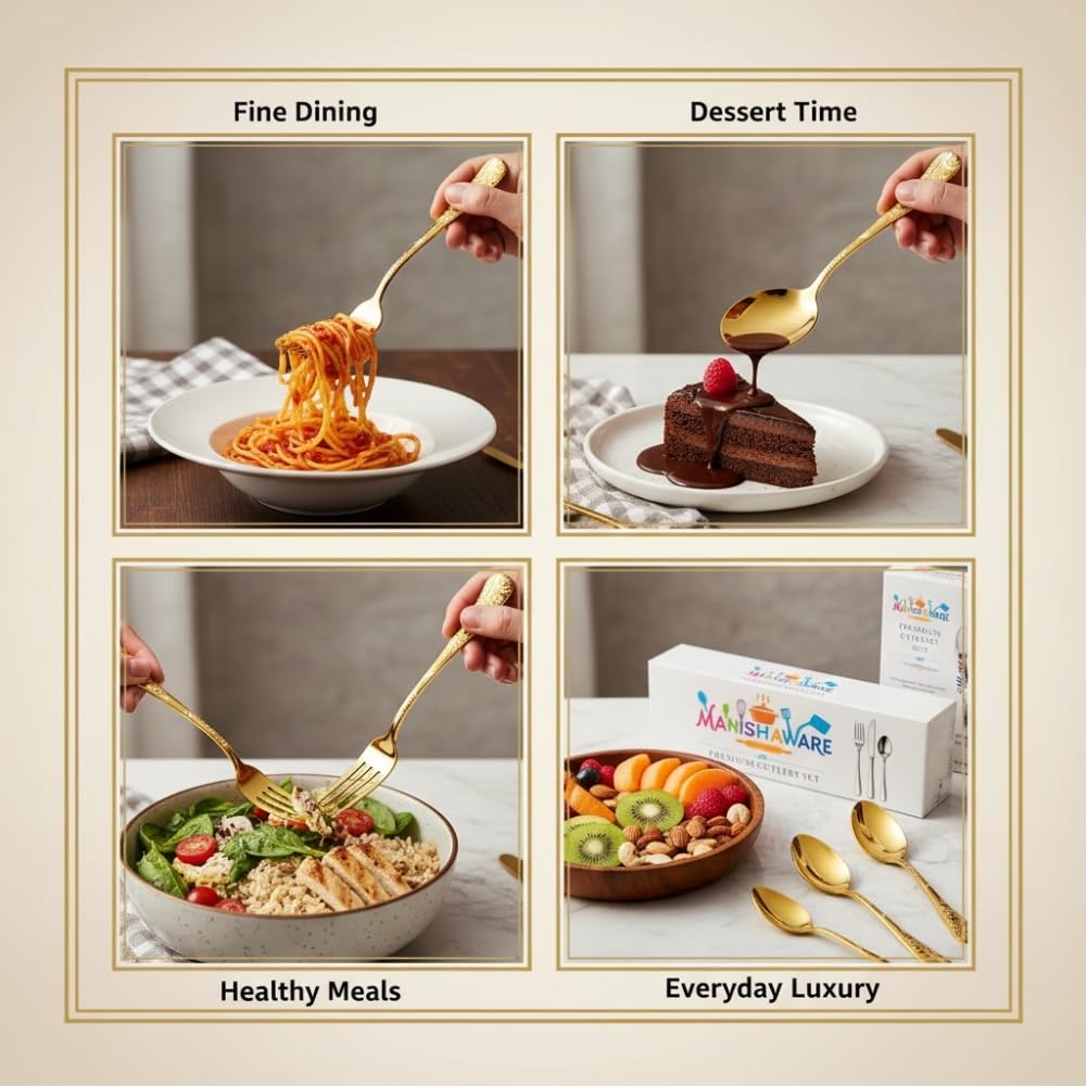 Manishaware Classic Gold 12 Pcs Stainless Steel Cutlery Set for Dining Table, Dishwasher Safe Glossy Flatware