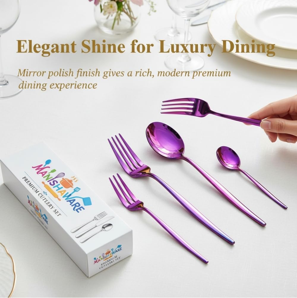 Manishaware Classic Pink 8 Pcs Stainless Steel Cutlery Set for Dining Table, Dishwasher Safe Glossy Flatware (Perfect Spoon Fork Set)