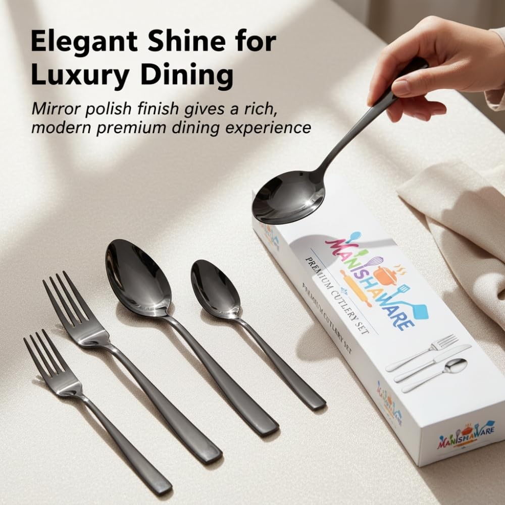 Manishaware Classic Black 12 Pcs Stainless Steel Cutlery Set for Dining Table, Dishwasher Safe Glossy Flatware
