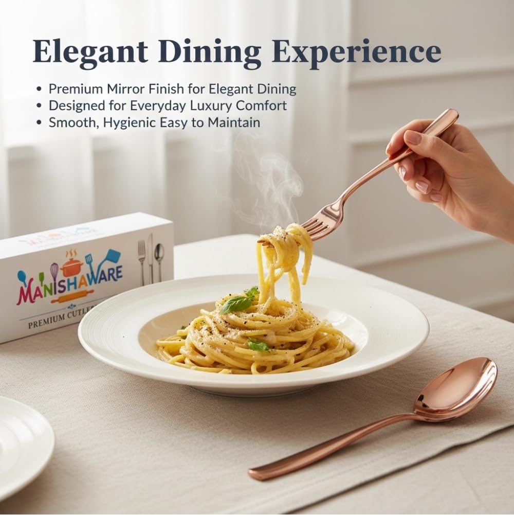 Manishaware Classic Rose Gold 20 Pcs Stainless Steel Cutlery Set for Dining Table, Dishwasher Safe Glossy Flatware (Perfect Spoon Fork Set)