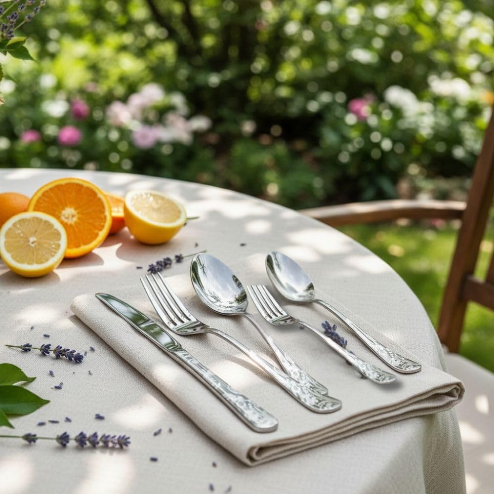 Manishaware Floral 30 Pcs Stainless Steel Cutlery Set for Dining Table, Dishwasher Safe Glossy Flatware (6 spoon set+6 forks set+6 Butter knife+6 Dessert Spoon+ 6 FruitFork)