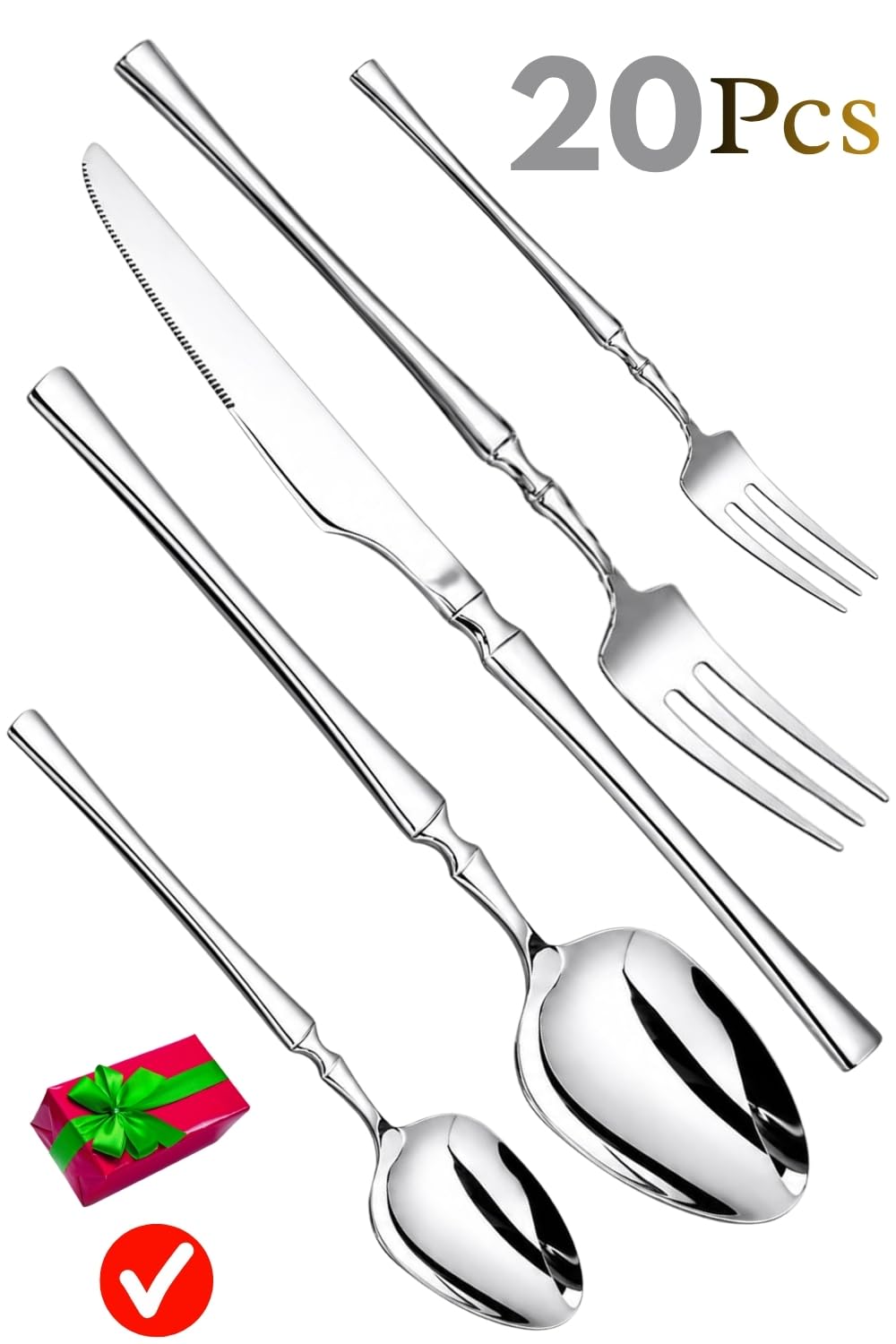 Manishaware Elegant Handle Silver 20 Pcs Heavy duty Stainless Steel Cutlery Set for Dining table (4 pcs spoon set+4 pcs forks set+4 pcs Butter knife+4 pcs Dessert Spoon+ 4 Pcs Fuit Fork for kitchen)