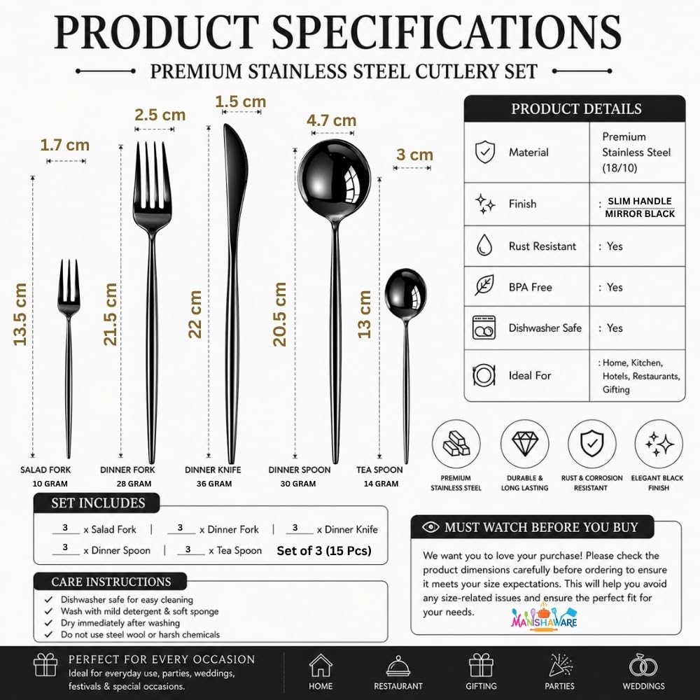 Manishaware Slim Handle Black 15 Pcs Stainless Steel Cutlery Set for Dining Table, Dishwasher Safe Glossy Flatware (3 spoon set+3 forks set+3 Butter knife+3 Dessert Spoon+ 3 Fruit Fork)
