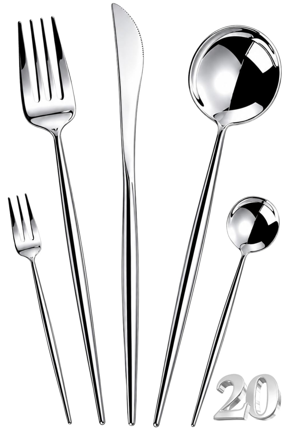 Manishaware Slim Handle Silver 20 Pcs Stainless Steel Cutlery Set for Dining Table, Dishwasher Safe Glossy Flatware (4 spoon set+4 forks set+4 Butter knife+4 Dessert Spoon+ 4 Fruit Fork)
