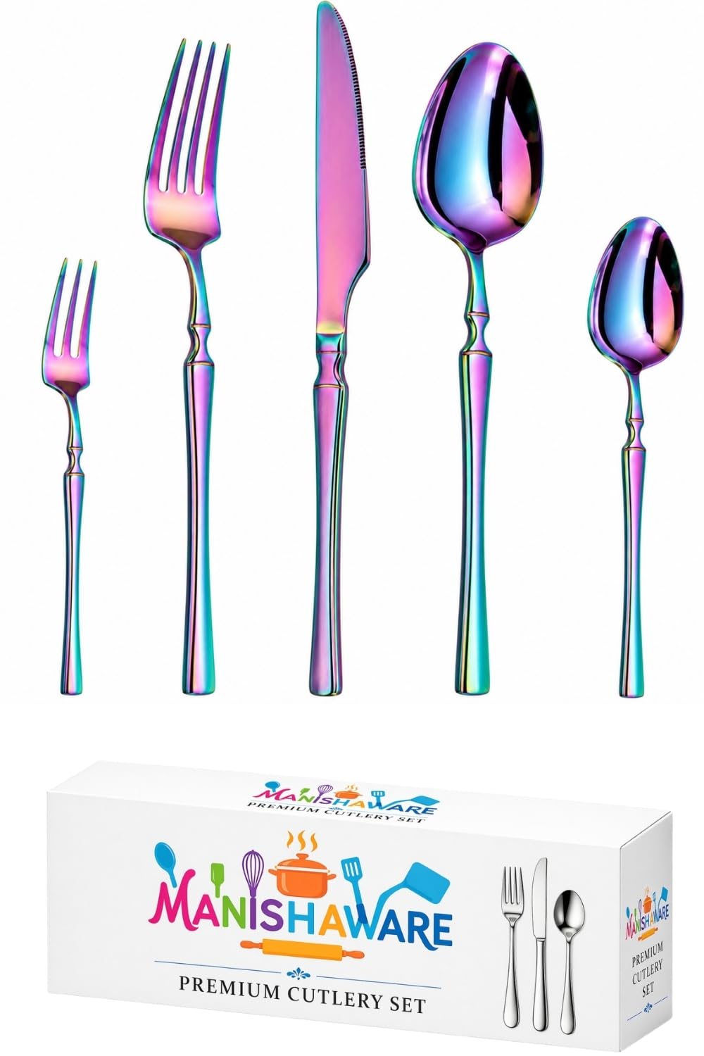 Manishaware Elegant Handle Rainbow 5 Pcs Stainless Steel Cutlery Set for Dining Table, Dishwasher Safe Glossy Flatware (1 spoon set+1 forks set+1 Butter knife+1 Dessert Spoon+ 1 Fruit Fork)
