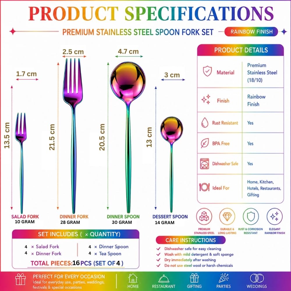 Manishaware Classic Rainbow 16 Pcs Stainless Steel Cutlery Set for Dining Table, Dishwasher Safe Glossy Flatware (Perfect Spoon Fork Set)