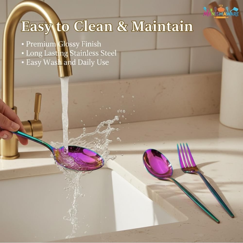 Manishaware Classic Rainbow 8 Pcs Stainless Steel Cutlery Set for Dining Table, Dishwasher Safe Glossy Flatware (Perfect Spoon Fork Set)