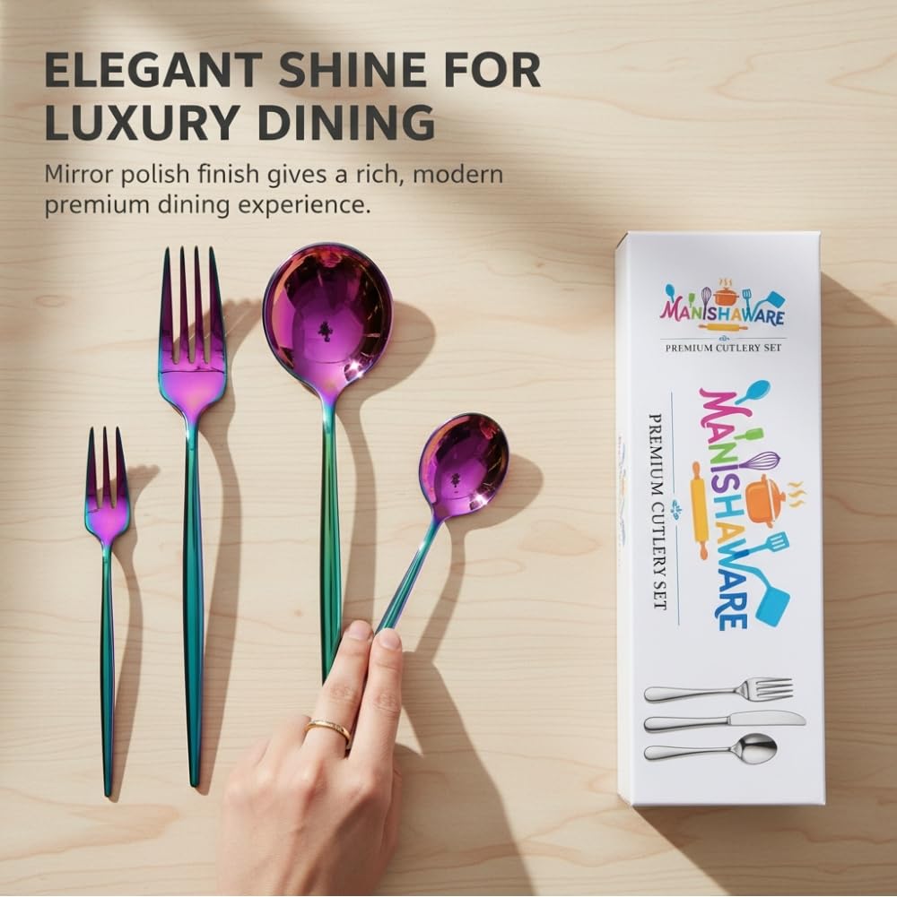 Manishaware Classic Rainbow 20 Pcs Stainless Steel Cutlery Set for Dining Table, Dishwasher Safe Glossy Flatware (Perfect Spoon Fork Set)