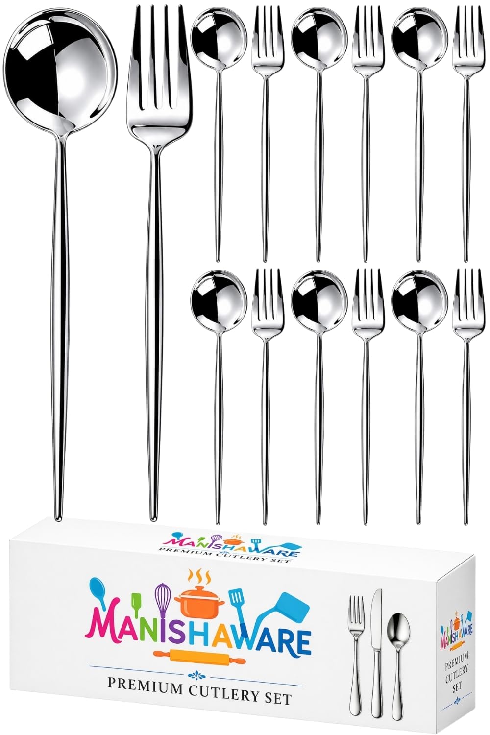 Manishaware Slim Handle Silver 12 Pcs Stainless Steel Cutlery Set for Dining Table, Dishwasher Safe Glossy Flatware (6 Forks & 6 Spoons)