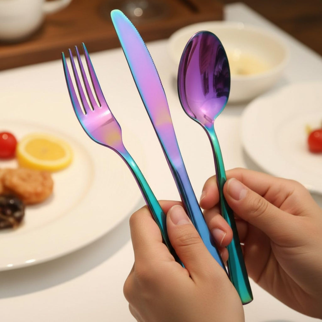 Manishaware Mirror Polished Rainbow 20 Pcs Stainless Steel Cutlery Set for Dining Table, Dishwasher Safe Glossy Flatware (5 spoon set + 5 forks set + 5 Butter knife + 5 Dessert Spoon)