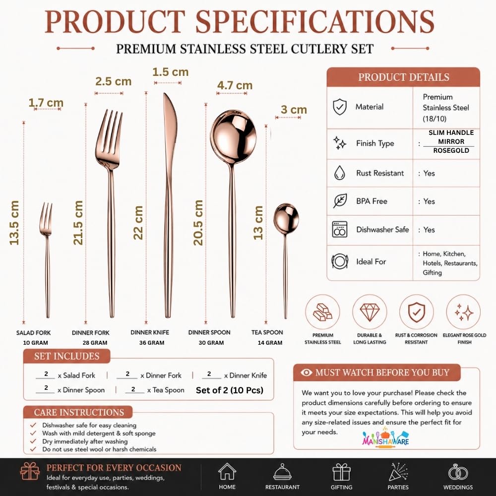 Manishaware Slim Handle Rose Gold 10 Pcs Stainless Steel Cutlery Set for Dining Table, Dishwasher Safe Glossy Flatware (2 spoon set+2 forks set+2 Butter knife+2 Dessert Spoon+ 2 Fruit Fork)