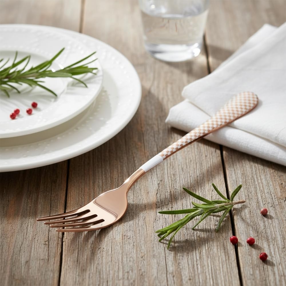 Manishaware 12 Pcs ROSEGOLD Checkered Stainless Dinner Steel Fork set for Kitchen or Dining Table