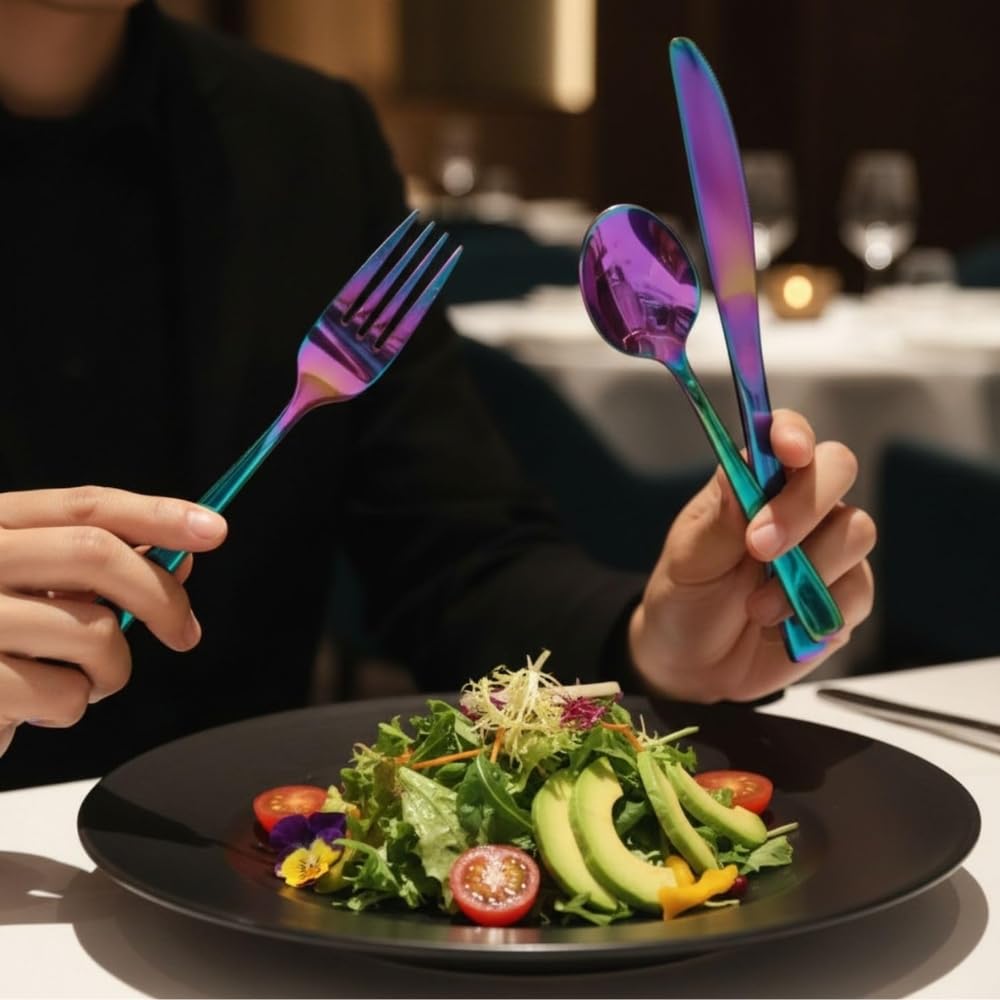Manishaware Mirror Polished Rainbow 30 Pcs Stainless Steel Cutlery Set for Dining Table, Dishwasher Safe Glossy Flatware (6 spoon set + 6 forks set + 6 Butter knife + 6 Dessert Spoon + 6 Fruit Fork)