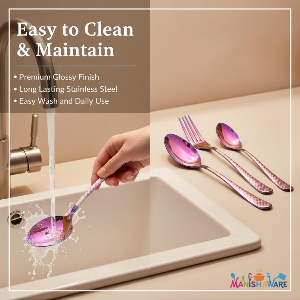 Manishaware Classic Rainbow 12 Pcs Stainless Steel Cutlery Set for Dining Table, Dishwasher Safe Glossy Flatware