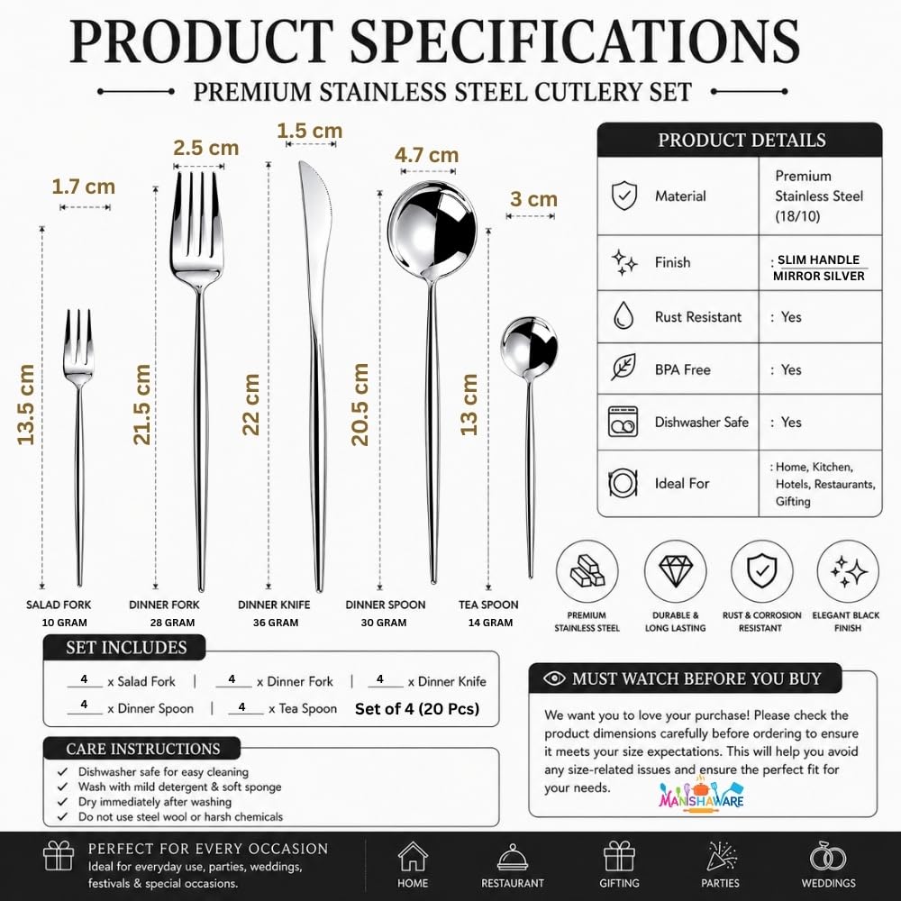 Manishaware Slim Handle Silver 20 Pcs Stainless Steel Cutlery Set for Dining Table, Dishwasher Safe Glossy Flatware (4 spoon set+4 forks set+4 Butter knife+4 Dessert Spoon+ 4 Fruit Fork)