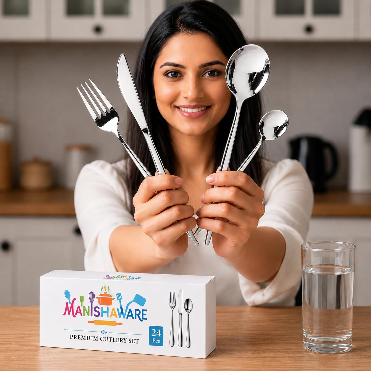 Manishaware Slim Handle Stainless Steel Cutlery Set for Dining Table, Dishwasher Safe Glossy Flatware (6 spoon set+6 forks set+6 Butter knife+6 Dessert Spoon)