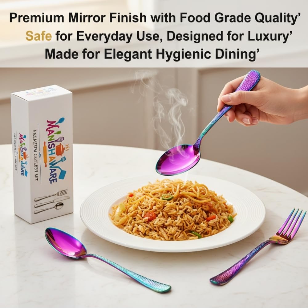 Manishaware Classic Rainbow 20 Pcs Stainless Steel Cutlery Set for Dining Table, Dishwasher Safe Glossy Flatware (Perfect Spoon Fork Set)
