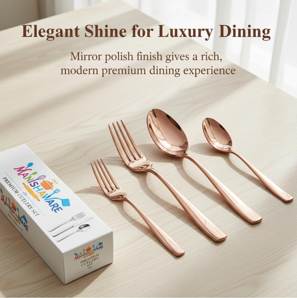 Manishaware Classic Rose Gold 16 Pcs Stainless Steel Cutlery Set for Dining Table, Dishwasher Safe Glossy Flatware (Perfect Spoon Fork Set)