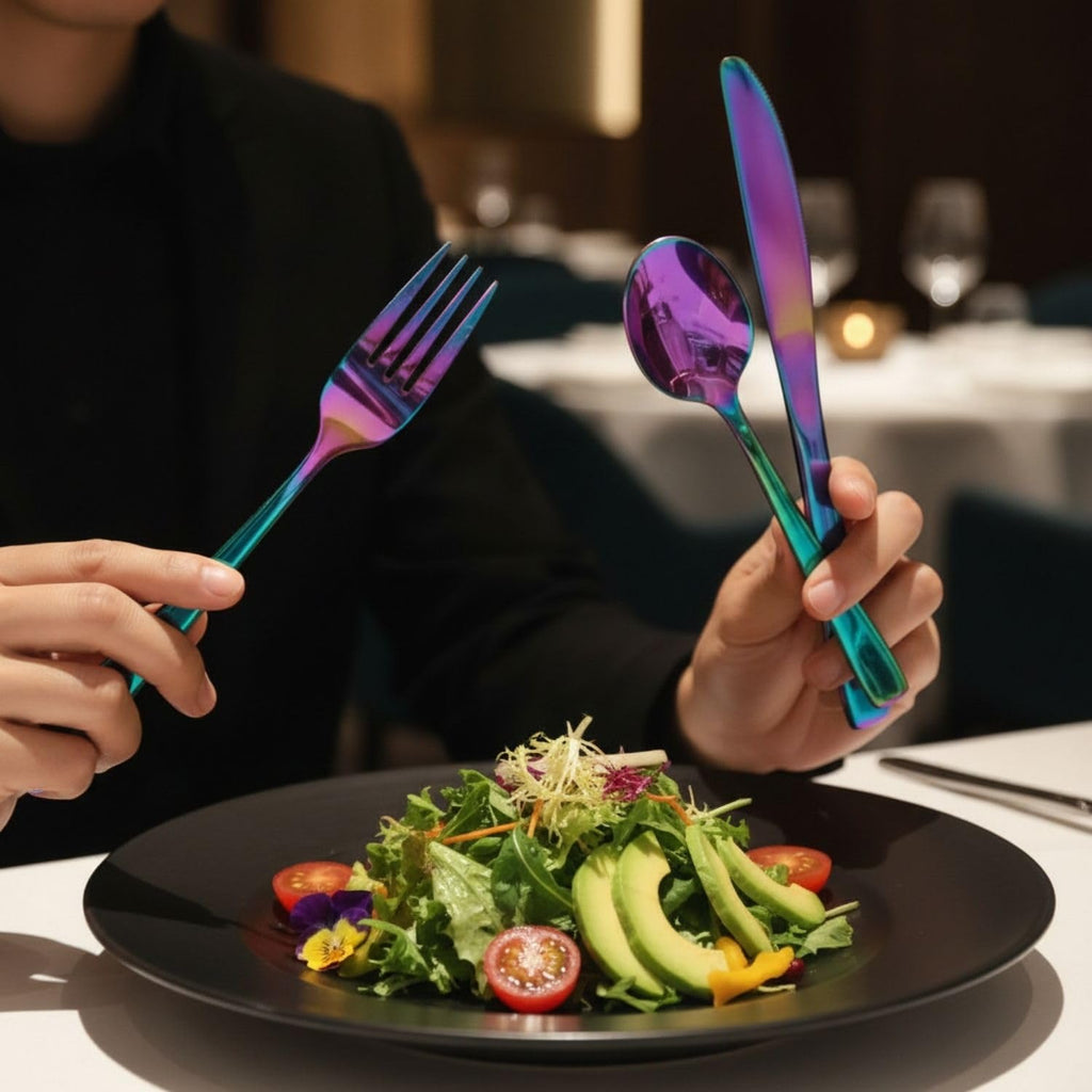 Manishaware Mirror Polished Rainbow 16 Pcs Stainless Steel Cutlery Set for Dining Table, Dishwasher Safe Glossy Flatware (4 spoon set + 4 forks set + 4 Butter knife + 4 Dessert Spoon)