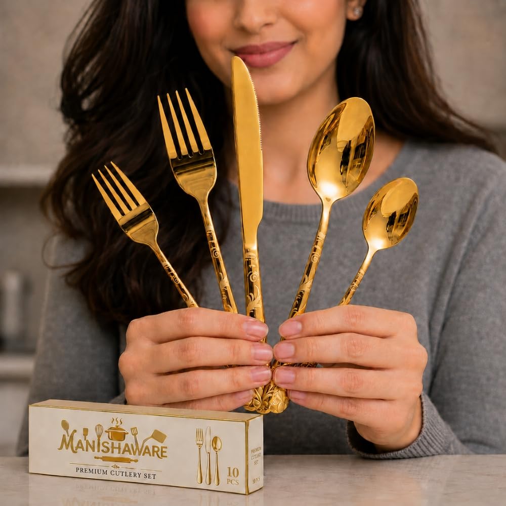 Manishaware Floral Gold 10 Pcs Stainless Steel Cutlery Set for Dining Table, Dishwasher Safe Glossy Flatware (2 spoon set+2 forks set+2 Butter knife+2 Dessert Spoon+ 2 FruitFork)