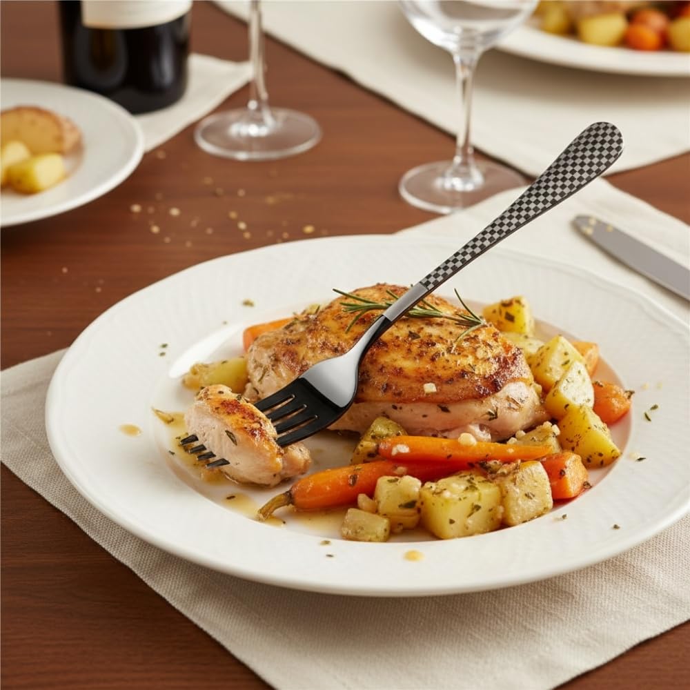 Manishaware Checkered Stainless Dinner Steel Fork set for Kitchen or Dining Table