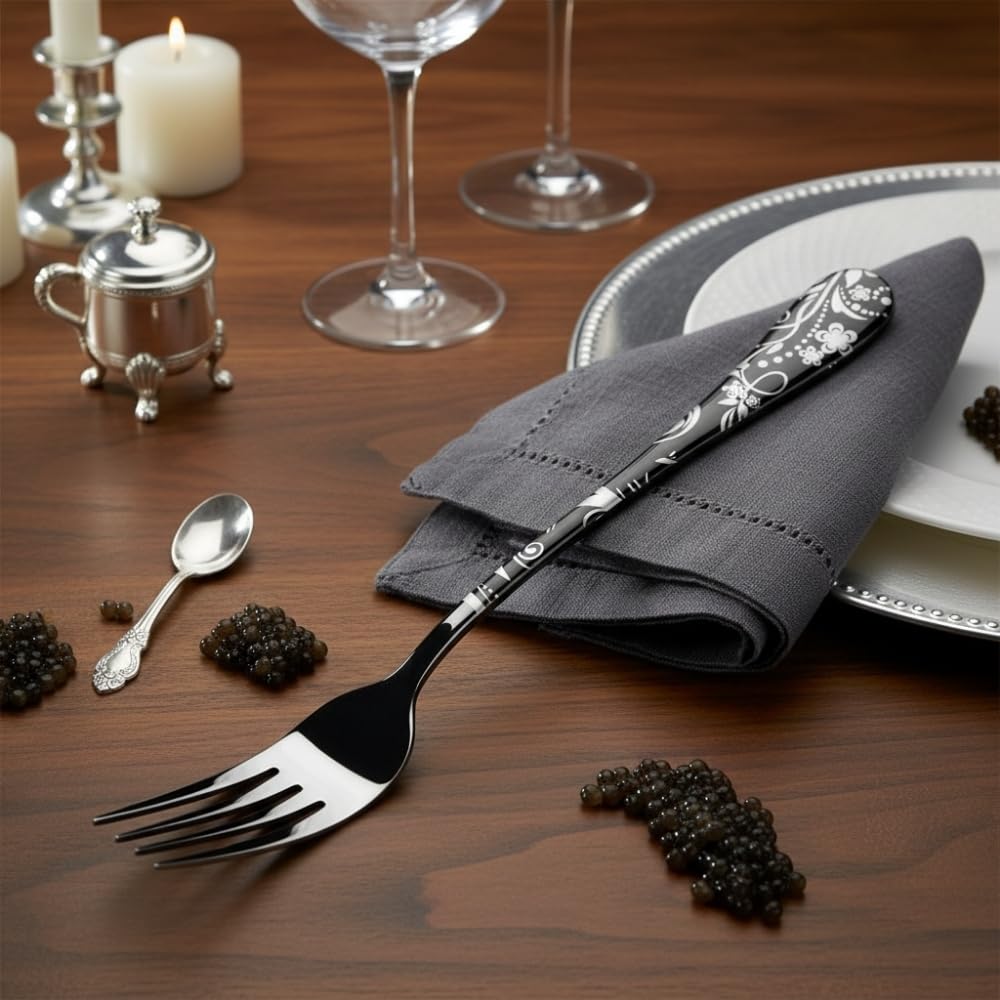 Manishaware 24 Pcs BLACK Floral Stainless Dinner Steel Fork set for Kitchen or Dining Table