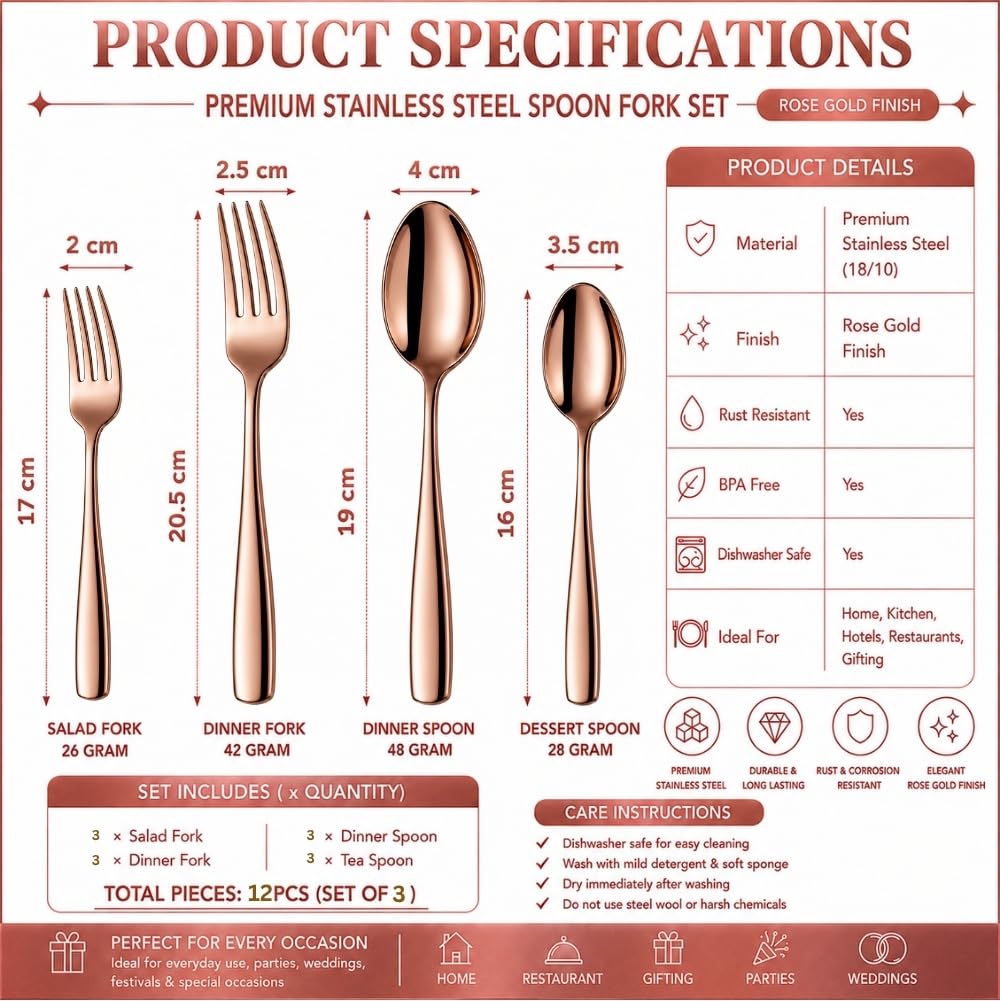 Manishaware Classic Rose Gold 12 Pcs Stainless Steel Cutlery Set for Dining Table, Dishwasher Safe Glossy Flatware