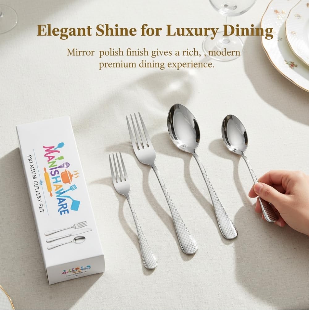 Manishaware Classic Stainless Steel Cutlery Set for Dining Table, Dishwasher Safe Glossy Flatware (Perfect Spoon Fork Set)