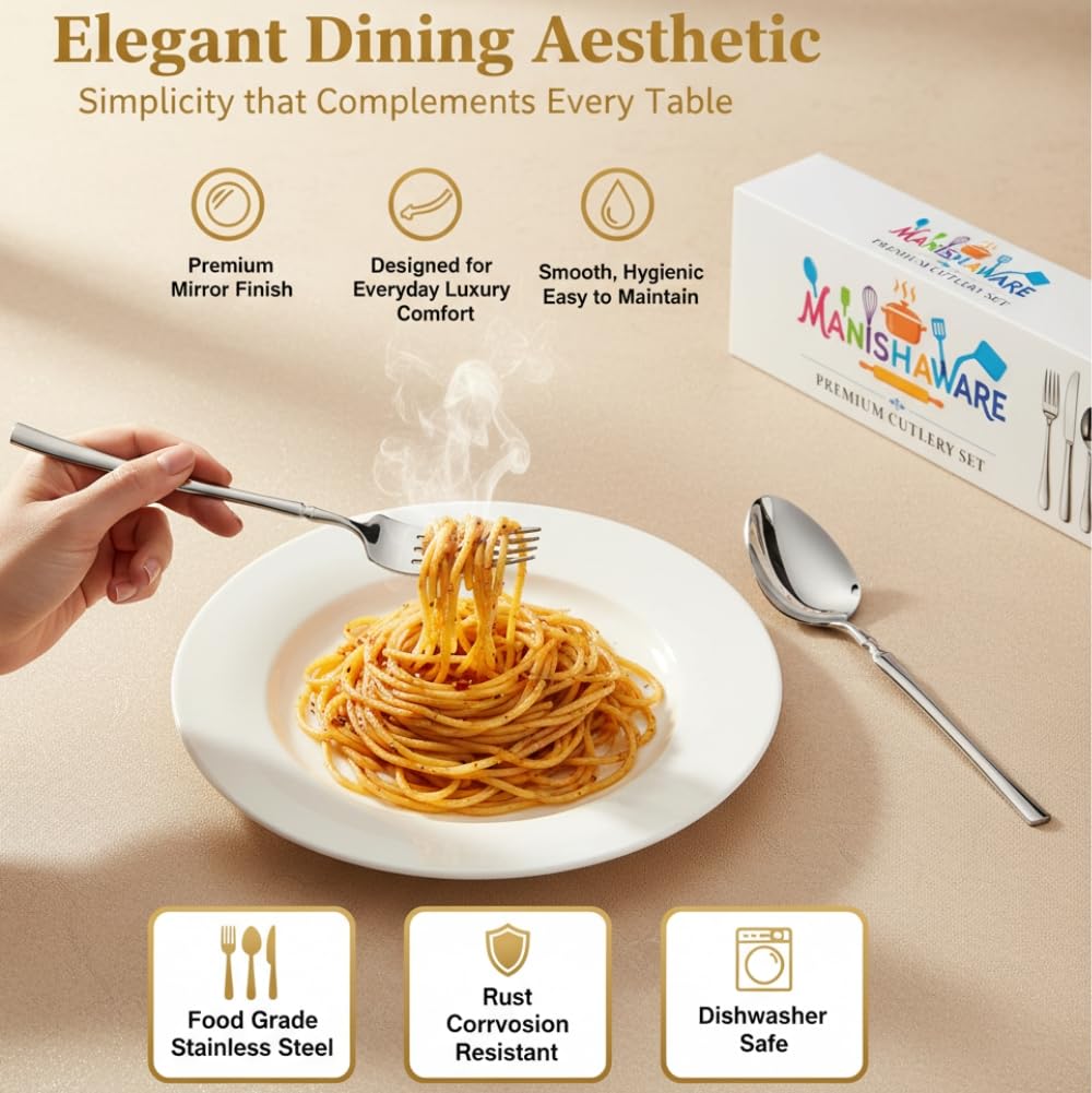 Manishaware Classic Stainless Steel Cutlery Set for Dining Table, Dishwasher Safe Glossy Flatware (Perfect Spoon Fork Set)