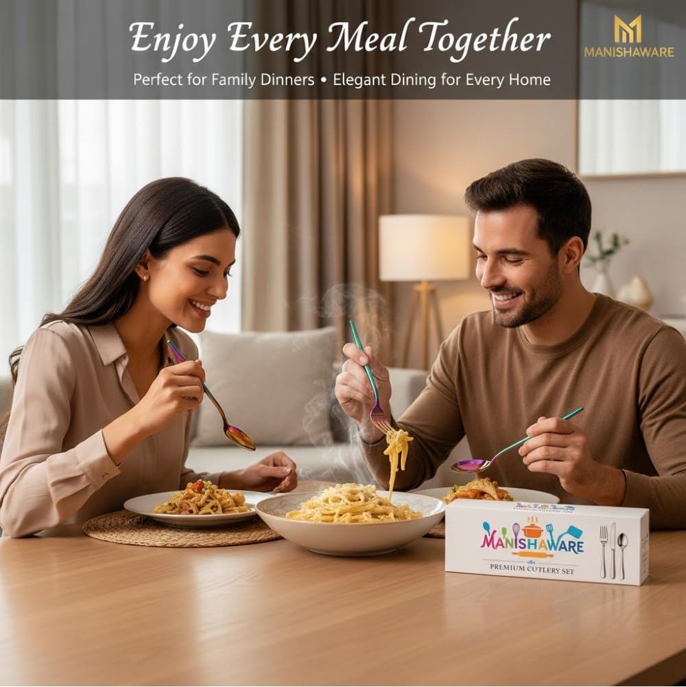 Manishaware Classic Rainbow 16 Pcs Stainless Steel Cutlery Set for Dining Table, Dishwasher Safe Glossy Flatware (Perfect Spoon Fork Set)