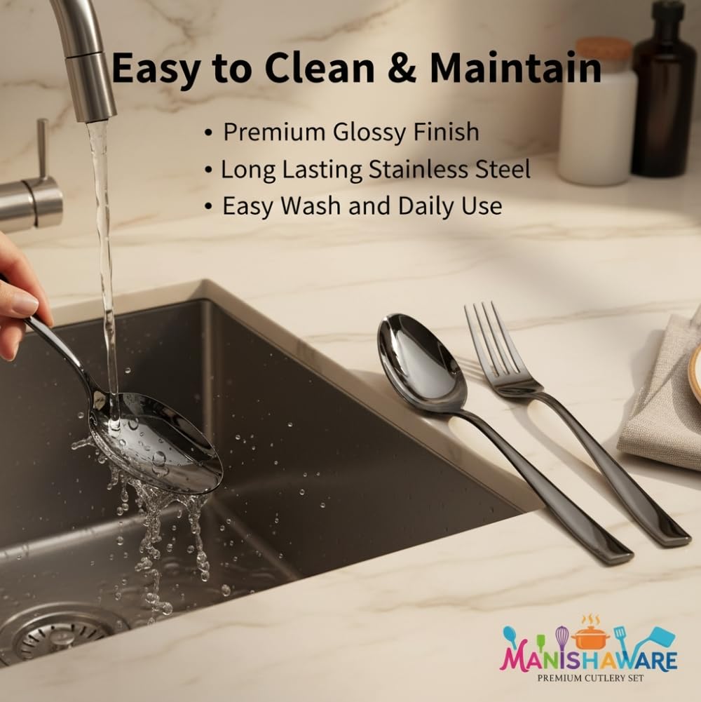 Manishaware Classic Black 16 Pcs Stainless Steel Cutlery Set for Dining Table, Dishwasher Safe Glossy Flatware (Perfect Spoon Fork Set)