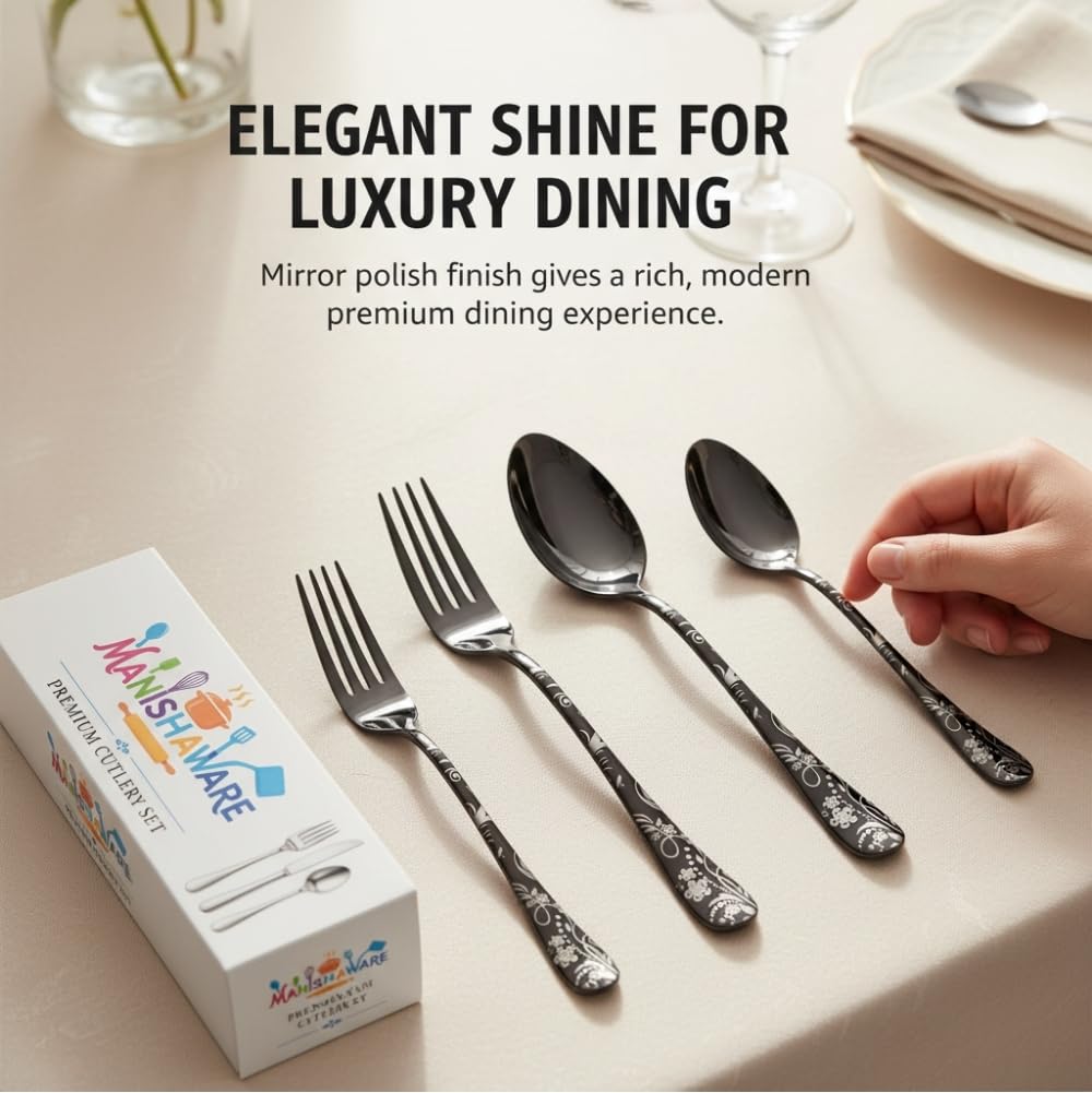 Manishaware Classic Stainless Steel Cutlery Set for Dining Table, Dishwasher Safe Glossy Flatware (Perfect Spoon Fork Set)