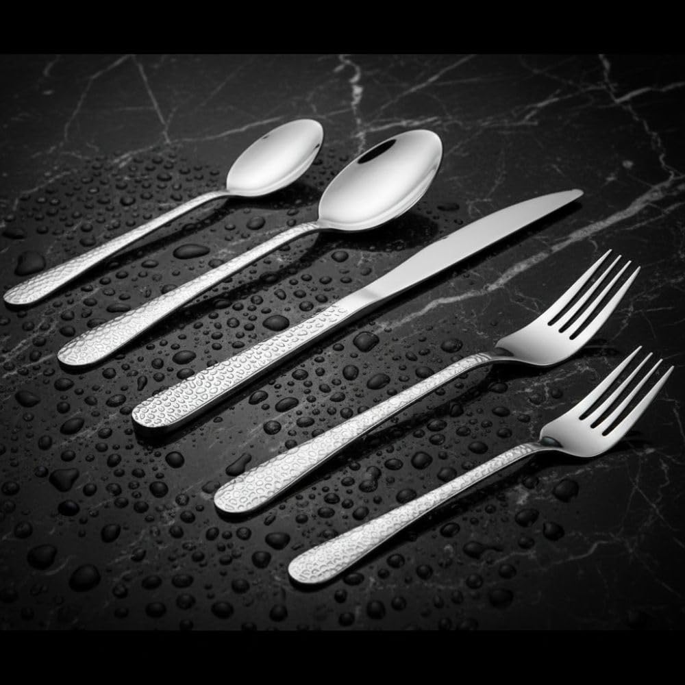Manishaware Hammered 30 Pcs Stainless Steel Cutlery Set for Dining Table, Dishwasher Safe Glossy Flatware (6 spoon set+6 forks set+6 Butter knife+6 Dessert Spoon+ 6 Fruit Fork)