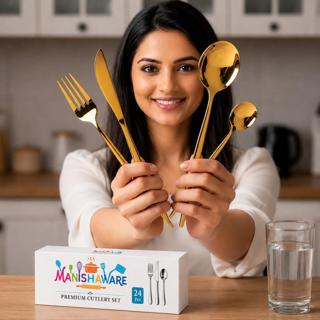 Manishaware Slim Handle Gold 24 Pcs Stainless Steel Cutlery Set for Dining Table, Dishwasher Safe Glossy Flatware (6 spoon set+6 forks set+6 Butter knife+6 Dessert Spoon)