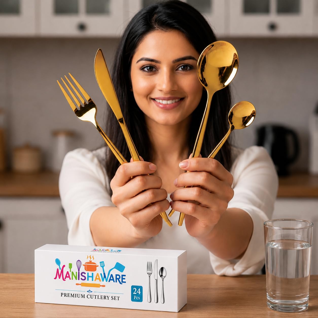 Manishaware Slim Handle Stainless Steel Cutlery Set for Dining Table, Dishwasher Safe Glossy Flatware (6 spoon set + 6 forks set + 6 Butter knife + 6 Dessert Spoon)