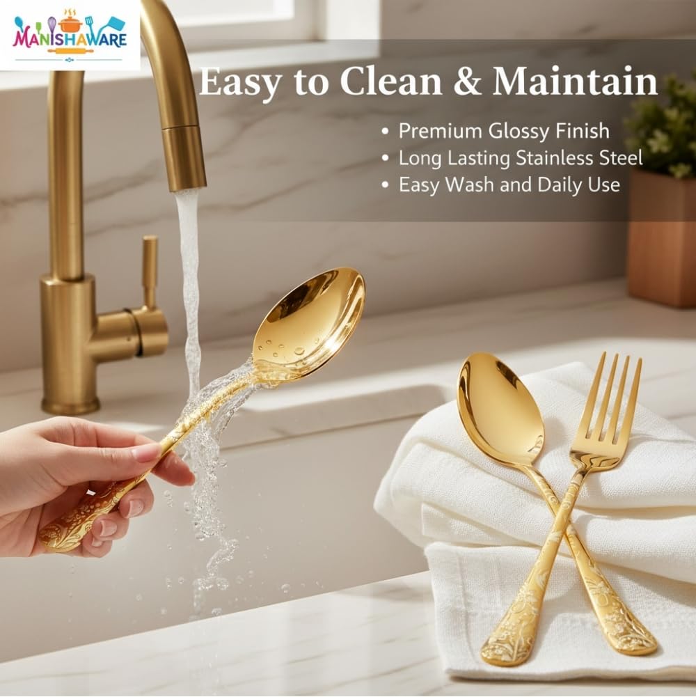 Manishaware Classic Stainless Steel Cutlery Set for Dining Table, Dishwasher Safe Glossy Flatware (Perfect Spoon Fork Set)