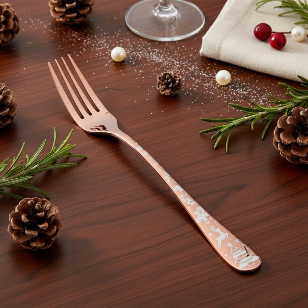 Manishaware 24 Pcs ROSEGOLD Christmas Stainless Dinner Steel Fork set for Kitchen or Dining Table