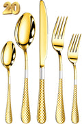 Manishaware Checkered Gold 20 Pcs Stainless Steel Cutlery Set for Dining Table, Dishwasher Safe Glossy Flatware (4 spoon set+4 forks set+4 Butter knife+4 Dessert Spoon+ 4 Fruit Fork)