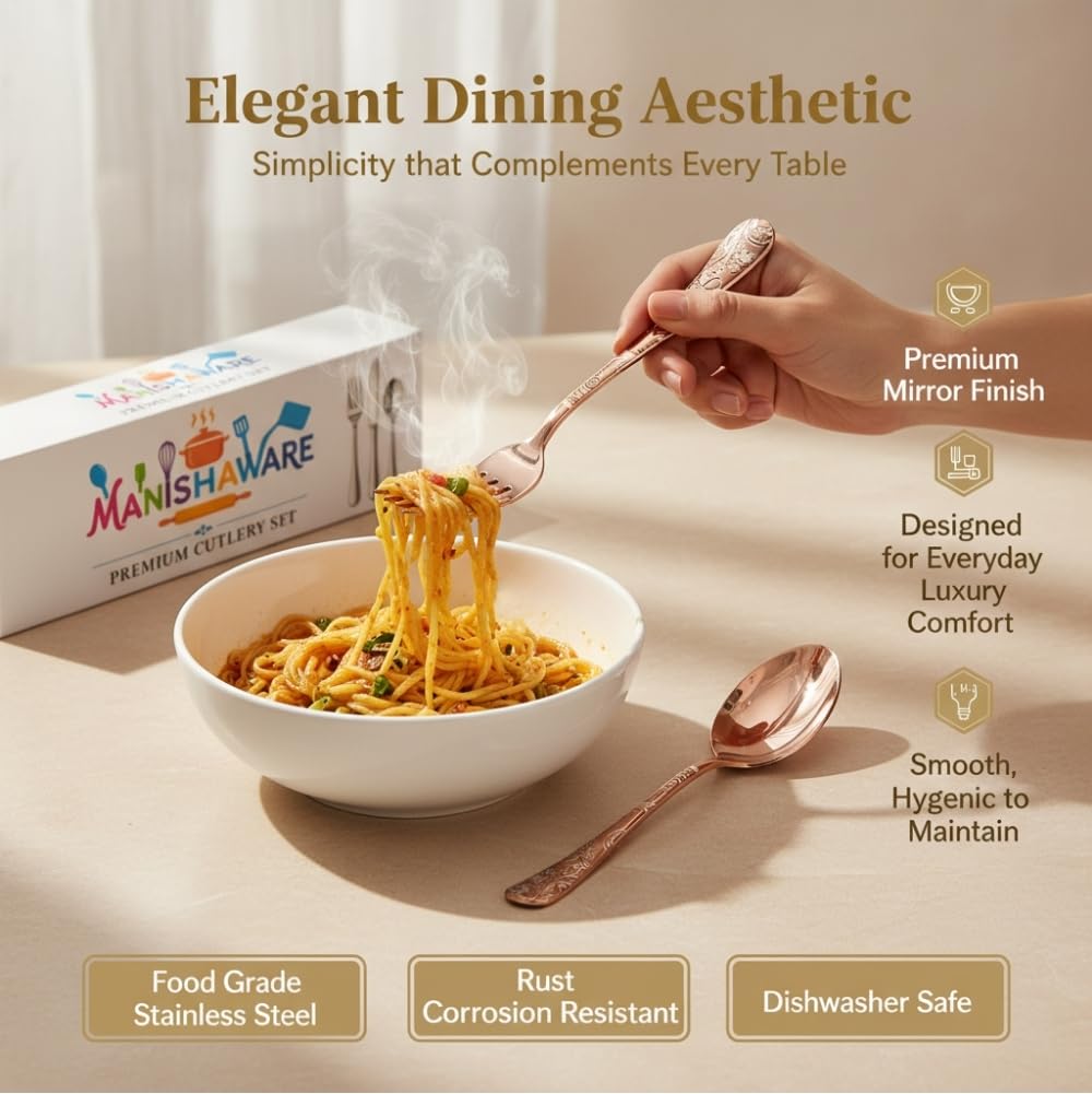 Manishaware Classic Rose Gold 8 Pcs Stainless Steel Cutlery Set for Dining Table, Dishwasher Safe Glossy Flatware (Perfect Spoon Fork Set)