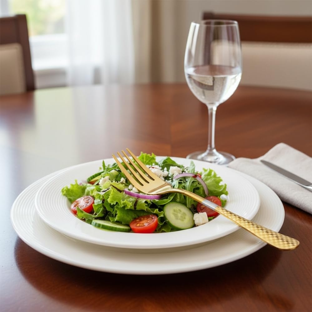 Manishaware 24 Pcs GOLD Checkered Stainless Dinner Steel Fork set for Kitchen or Dining Table