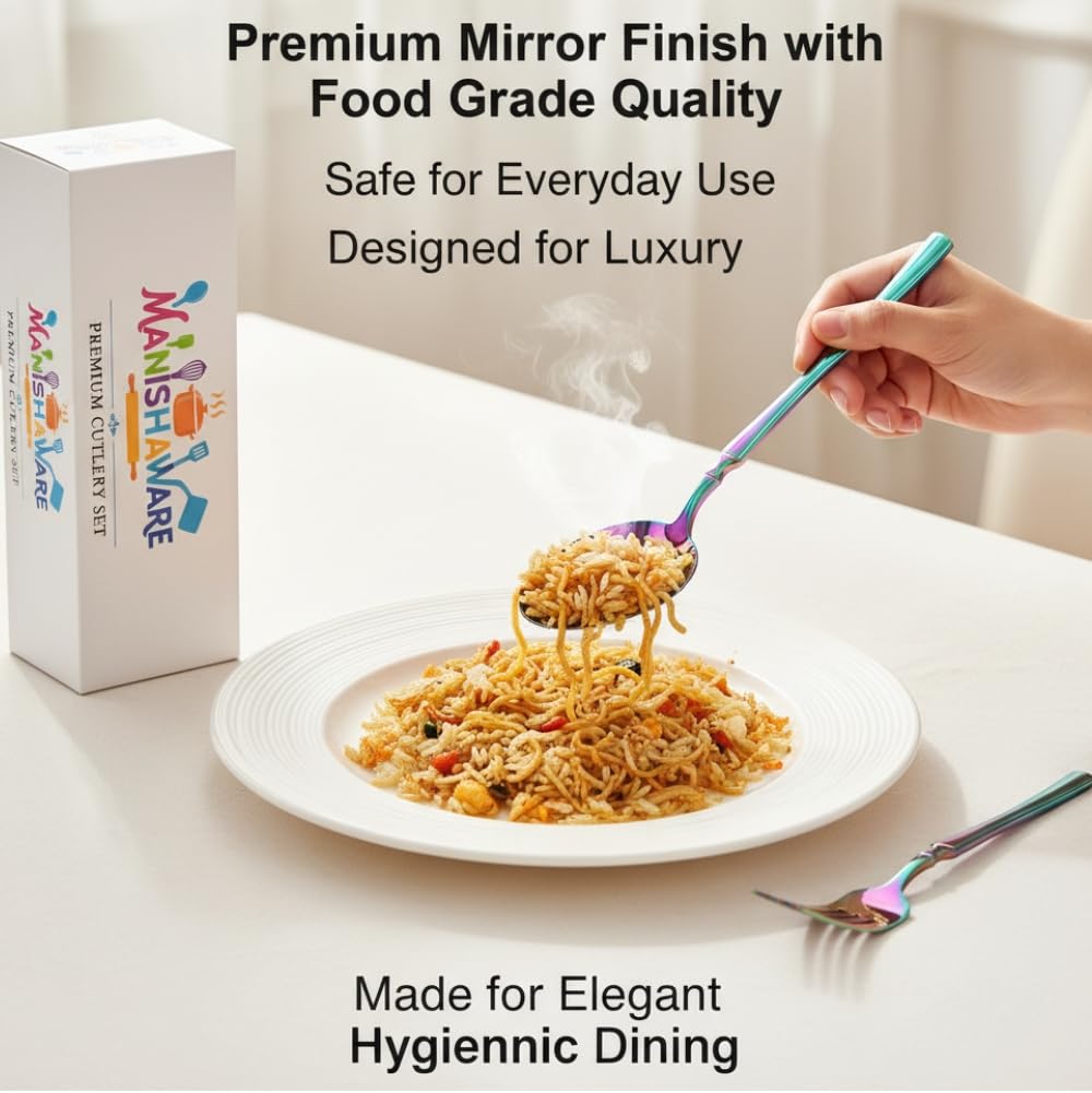 Manishaware Classic Rainbow 12 Pcs Stainless Steel Cutlery Set for Dining Table, Dishwasher Safe Glossy Flatware