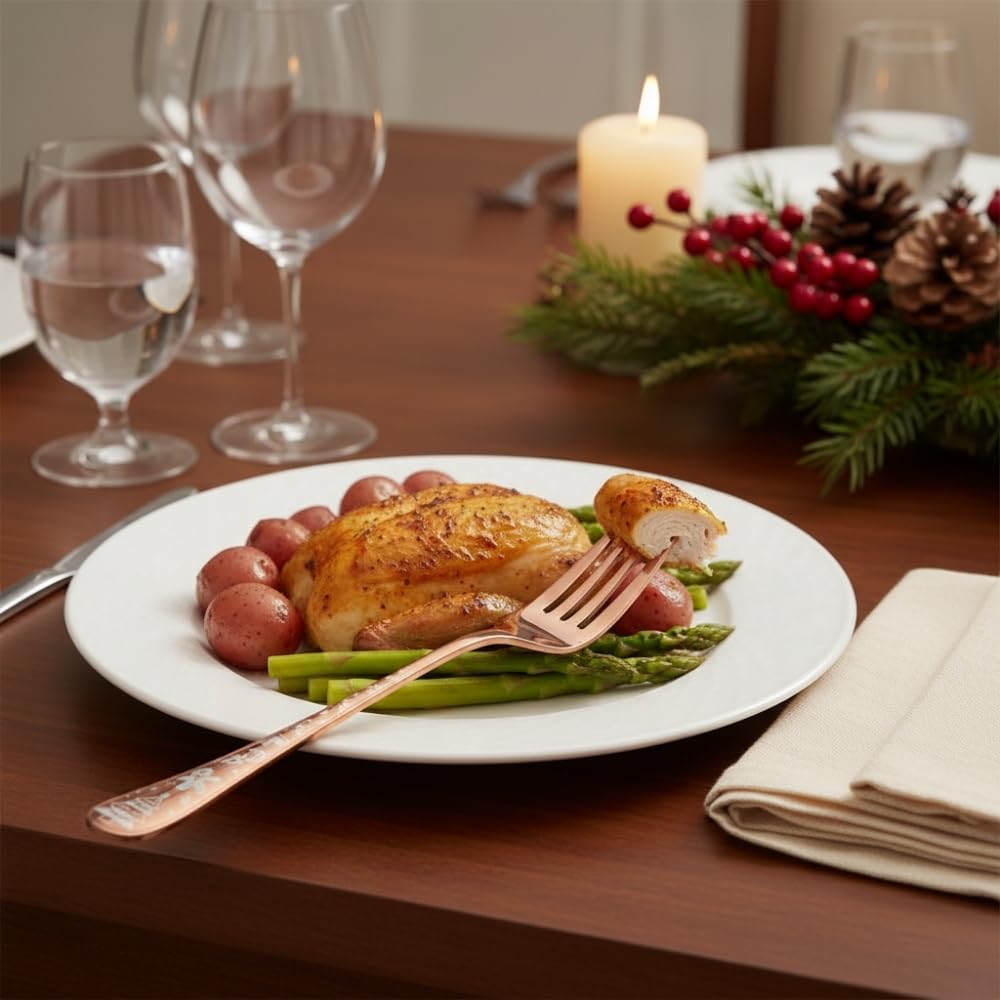 Manishaware 24 Pcs ROSEGOLD Christmas Stainless Dinner Steel Fork set for Kitchen or Dining Table