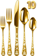 Manishaware Christmas Gold 10 Pcs Stainless Steel Cutlery Set for Dining Table, Dishwasher Safe Glossy Flatware (2 spoon set+2 forks set+2 Butter knife+2 Dessert Spoon+ 2 Fruit Fork)