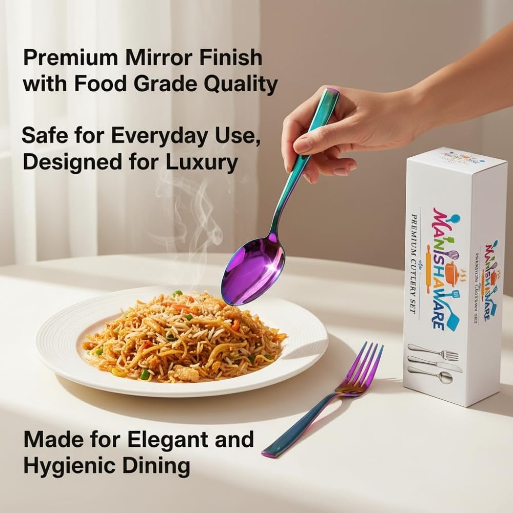 Manishaware Classic Rainbow 20 Pcs Stainless Steel Cutlery Set for Dining Table, Dishwasher Safe Glossy Flatware (Perfect Spoon Fork Set)