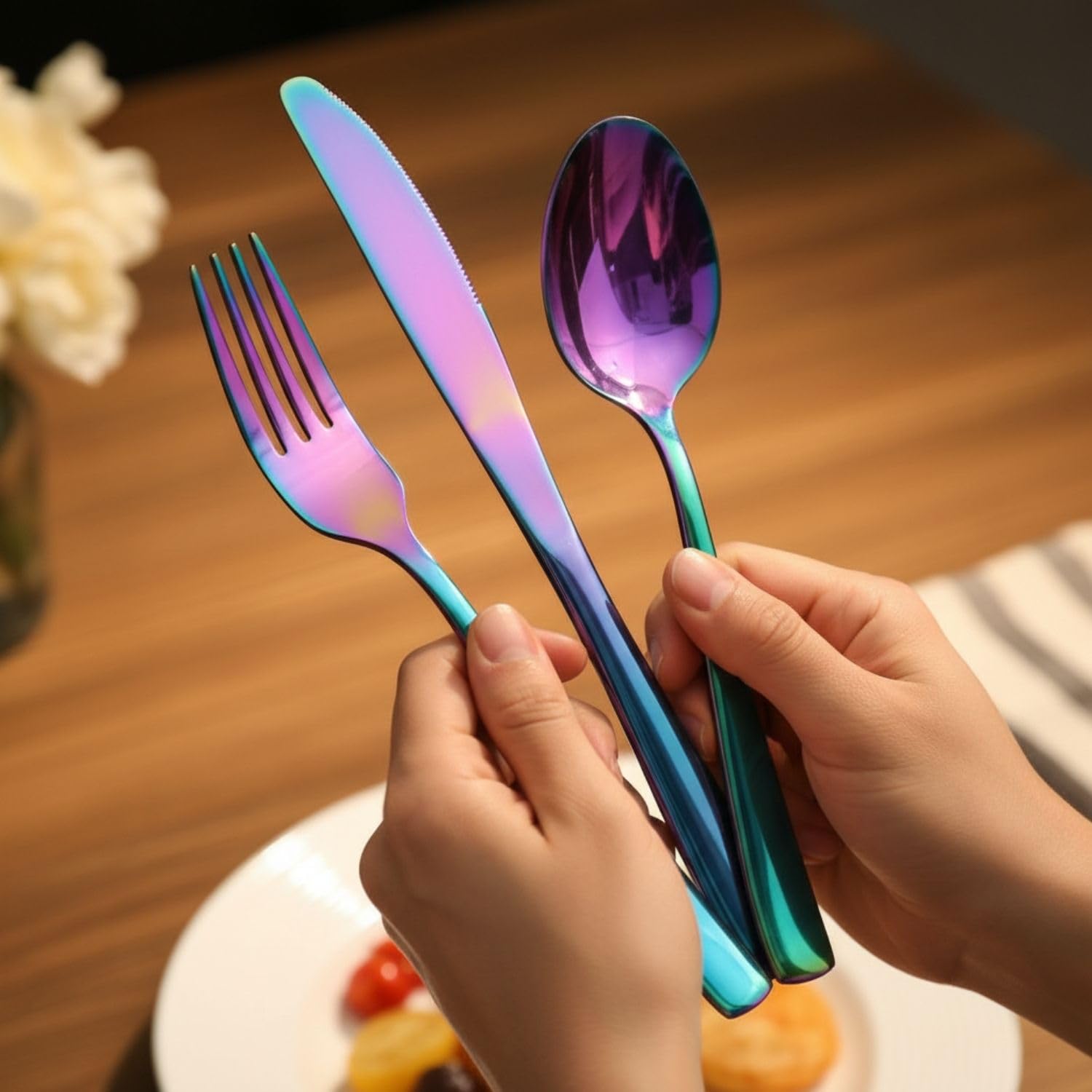 Manishaware Mirror Polished Rainbow 12 Pcs Stainless Steel Cutlery Set for Dining Table, Dishwasher Safe Glossy Flatware (3 spoon set + 3 forks set + 3 Butter knife + 3 Dessert Spoon)