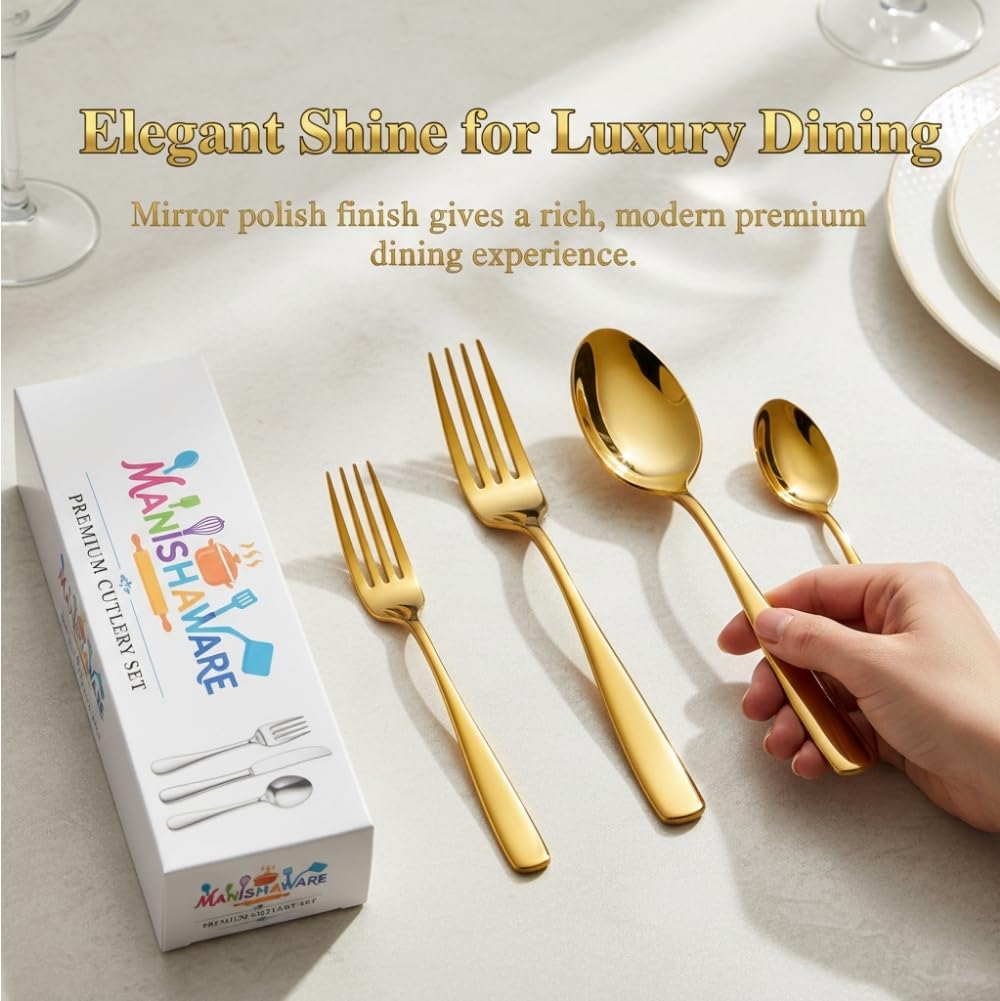 Manishaware Classic Gold 16 Pcs Stainless Steel Cutlery Set for Dining Table, Dishwasher Safe Glossy Flatware (Perfect Spoon Fork Set)